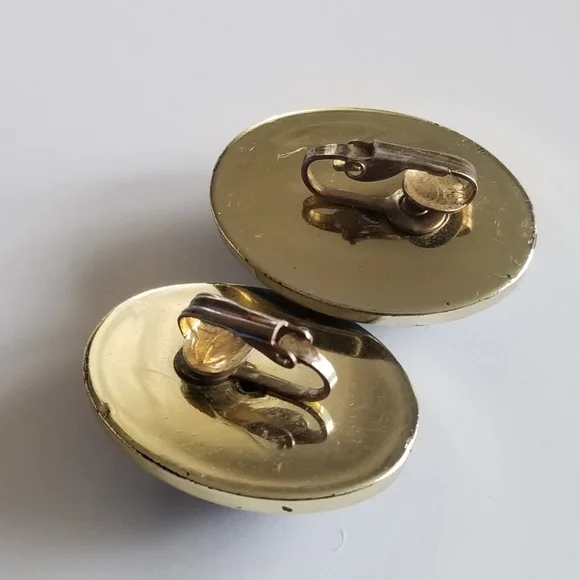 Vintage earrings chunky clip on oval egg shaped wavy pearlized blue gold tone - Picture 13 of 14